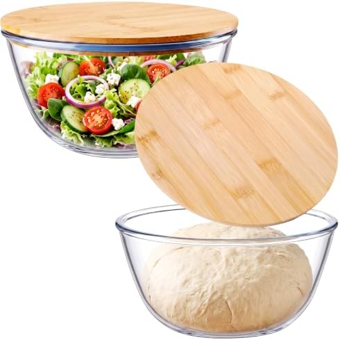 Mifoci 2 Pcs 2.1 Qt Glass Mixing Bowls with Bamboo Lid, Large Salad