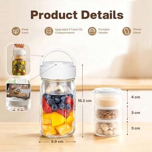 32oz Glass Salad Jars 4 pc, Meal Prep Containers with Handle 3 Divider