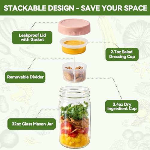 4 Pack 32oz Glass Salad Mason Jar with Dressing Cup Lid Meal Prep for