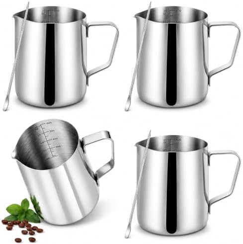 4 Pcs Milk Frothing Pitcher, 20oz/600ml Stainless Steel Milk Steamer