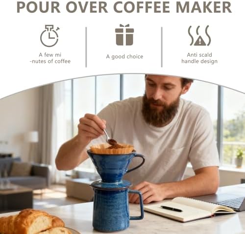 Ceramic Pour Over Coffee Maker Set, Starry Blue Coffee Dripper Cone