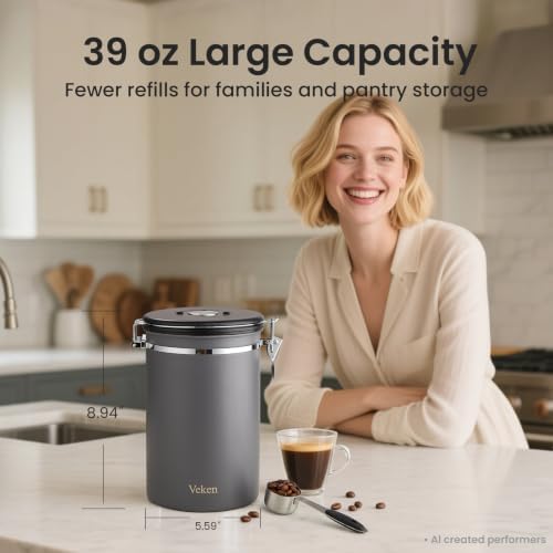 Veken Coffee Canister,39OZ, 2.2lbs,Large Airtight Stainless Steel