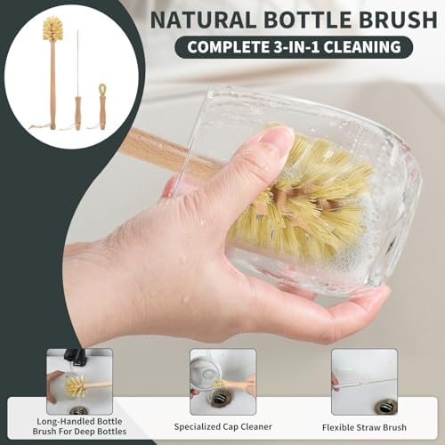 DEBETOOL 3-in-1 Natural Bottle Brush Set, 13.7 Inch Wooden Long Handle