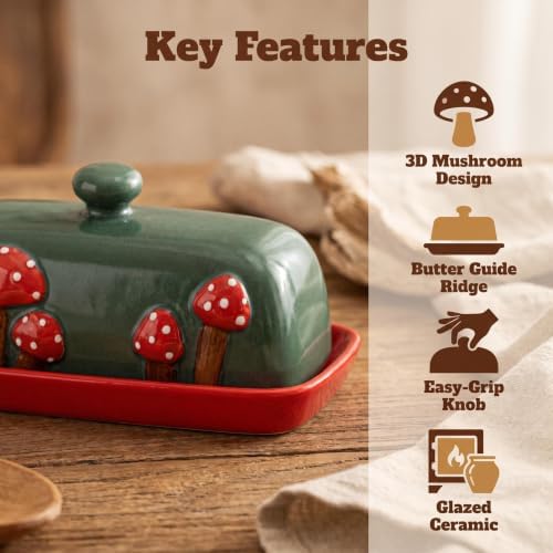 Mushroom Ceramic Covered Butter Dish Red Base Green Lid Plate with