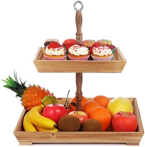 Wood Tray, Farmhouse Serving Stand with Metal Handle, 2-Tier Rustic