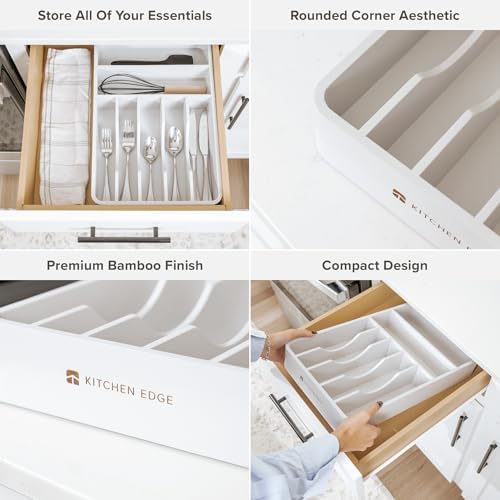 KitchenEdge Silverware & Utensil Organizer | White Bamboo, Fixed