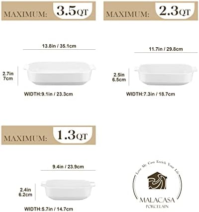 MALACASA Ceramic Casserole Dishes Set of 3, White
