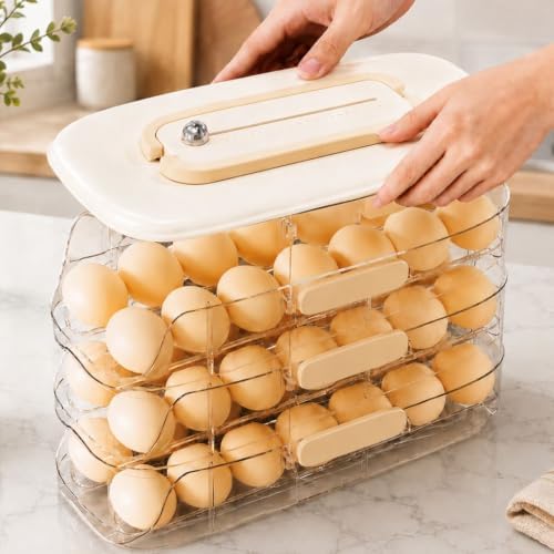 Egg Organizer for Refrigerator, 3-Tier Auto-Roll, 42 Eggs