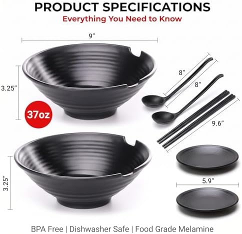 Unbreakable Japanese Style Ramen Bowl Set of 2, 37oz Black Large Matte