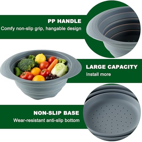 Collapsible Silicone Colander with Handle, 10.5-Inch Large Capacity