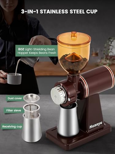 Huanyu 60mm Flat Burr Coffee Grinder, 8 Grind Settings