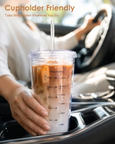 Zukro 32 oz Clear Reusable Plastic Cup with Lid and Straw, Double