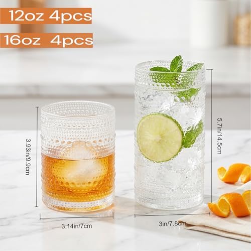 Vintage Hobnail Drinking Glasses Set of 8, Clear 16 oz Highball
