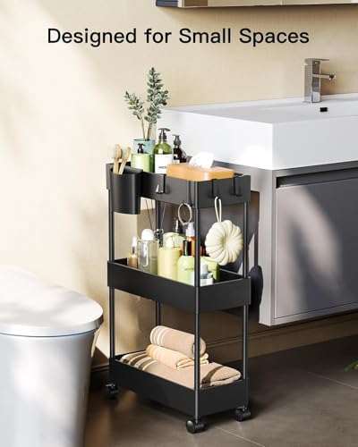 Pipishell 3 Tier Bathroom Storage Cart, Black