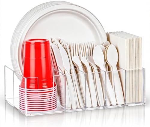 Acrylic Paper Plate Organizer for Countertop, Silverware Caddy for