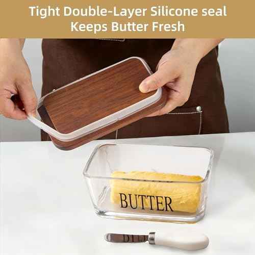 Glass Butter Dish with Acacia Lid & Knife, Covered Butter Holder