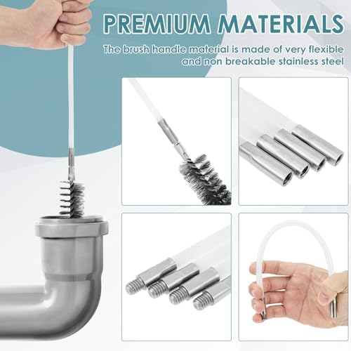 50in Pipe Cleaning Brush Set w Stainless Steel Bristles, 9Pcs