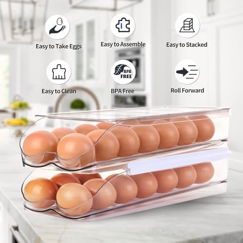 RoskDeewat 2-Tier Egg Holder for Fridge, Automatic Rolling