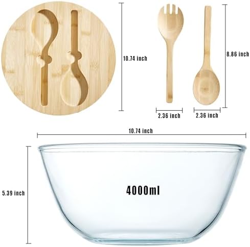 Glass Salad Bowl With Lid, 4.7 Quart Large Glass Mixing Bowls Serving