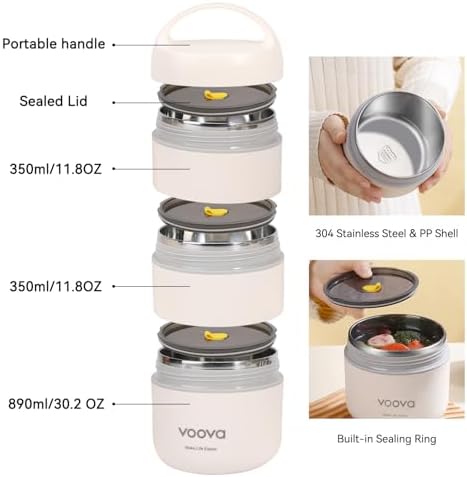 Voova Stackable Stainless Steel Lunch Box, 3-Tier (Beige)