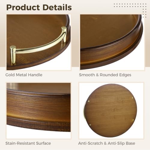 Round Decorative Tray with Gold Metal Handles, 11.8 in Wood Serving