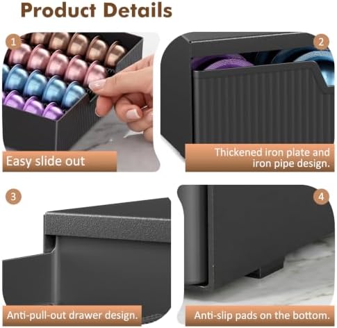ECOLOVI Coffee Pods Drawer Organizer Compatible with Nespresso Vertuo Pods & K-Cup Pods, Holds 48 Small or 32 Large Capsules, Black