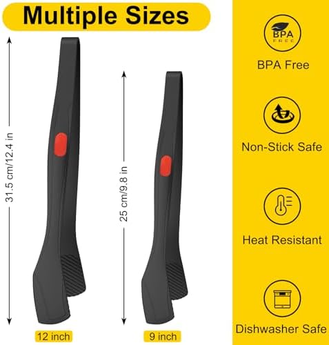 Beijiyi Silicone Kitchen Tongs, 9" & 12", Black