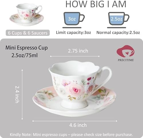2.5oz Porcelain Demitasse Set of 6, 75ml Espresso