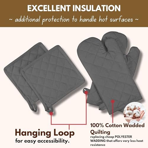 Native Fab Farmhouse Oven Mitts and Pot Holders Set of 4, Grey