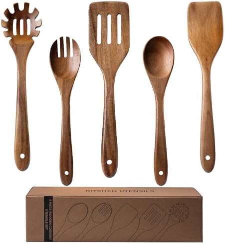 5-Piece Kitchen & Cooking Utensils Set - Natural Acacia Wood Material