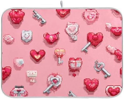 OTVEE Whimsical Pixel Heart Art Dish Drying Mat for Kitchen Counter