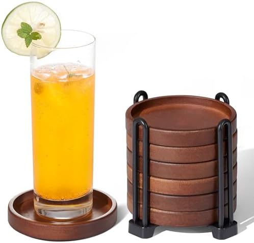 Set of 6 Wooden Coasters with Holder-Coffee Table Coasters for Drink