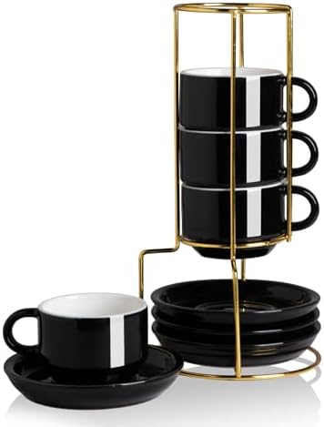 Sweejar Porcelain Espresso Cups with Saucers, 4 Ounce Stackable