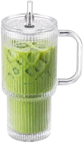 15oz Glass Cup With Lid And Straw, Reusable Iced Coffee Cup, Suitable