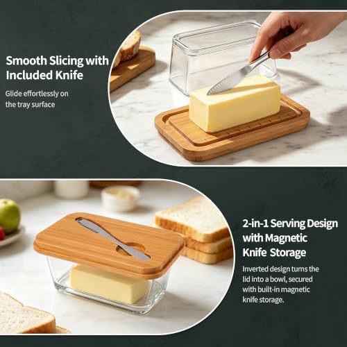 Butter Dish with Lid and Knife, Large Glass Butter Dish for Countertop