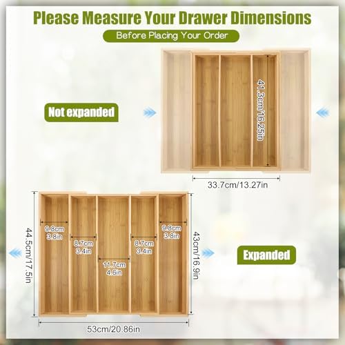 Bamboo Expandable Kitchen Drawer Organizer, 13.4" to 20.5" Adjustable