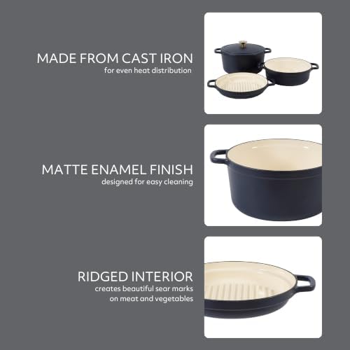 Sur La Table Kitchen Essentials 4-Piece Enameled Cast Iron Stackable Cookware Set, 5.3 Qt Dutch Oven with Lid, Braiser & Grill Pan, Navy Blue, Gold Knob Oven Safe to 500°F, Induction Compatible