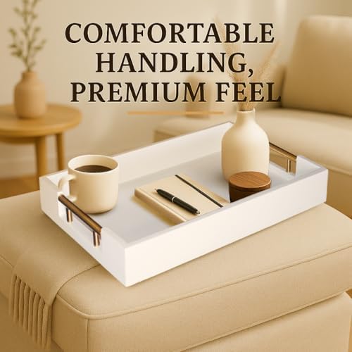 Serving Tray with Handles – 17 x 12 x 2 Inch White Acacia Wood Ottoman