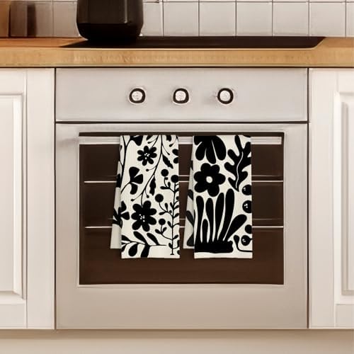 ArtisaEura Boho Abstract Retro Black Floral Kitchen Towels, Mid