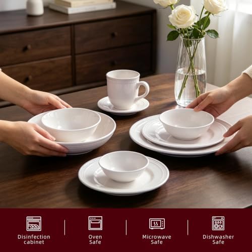HomeVSS 56-Piece Pearl Dots Stoneware Dinnerware Set, White, Service for 8