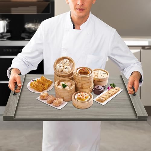 Rustic Wooden Serving Tray with Metal Handles, 30x22in Large Smoked