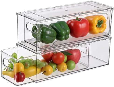 2 Pack Fridge Drawer Pull Out Stackable Bins, 13.4 x 5 x 4.3 in