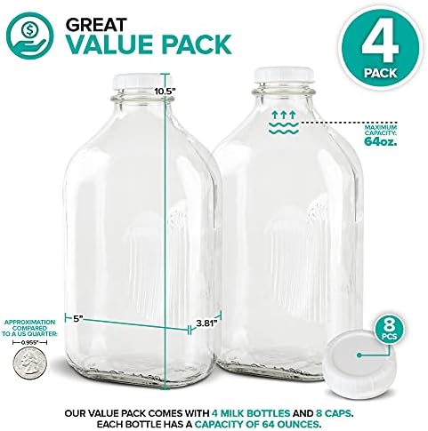 Stock Your Home Half Gallon Glass Milk Bottle with Lid (4 Pack) 64 Oz