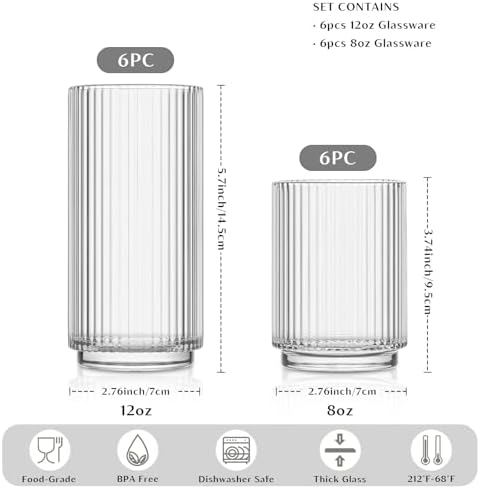 INSETLAN Ribbed Drinking Glasses Set of 12 – 6 Highball Glasses 12oz