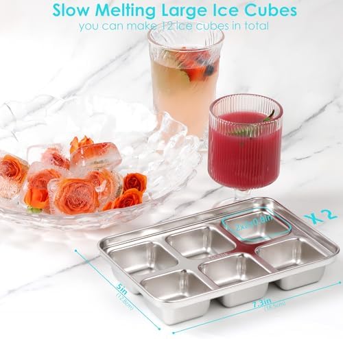 Ice Cube Tray with Lid, 2 Pack 12 Large Cubes, Stainless Steel Ice