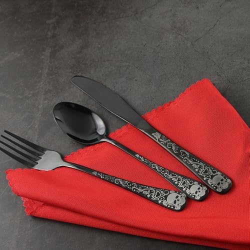Skull Black Silverware Set for 4, 20-Piece Black Flatware Set, Gothic