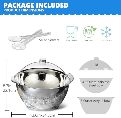 MEHOEIME Large Ice Chill Salad Bowl with Lid, Iced Serving Bowl with