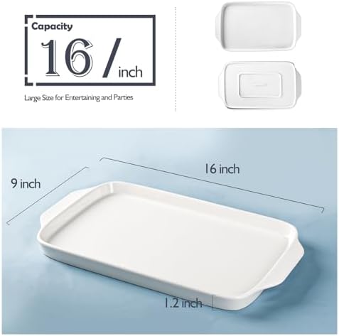 Dizada Large Serving Platter with Handles 16"x9" - White Porcelain
