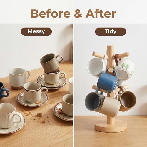 Wooden Mug Rack Tree with 6 Hooks Coffee Cup Organizer Stand for