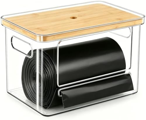1 Pack Trash Bag Dispenser with Bamboo Lid, Stackable Trash Bag Holder